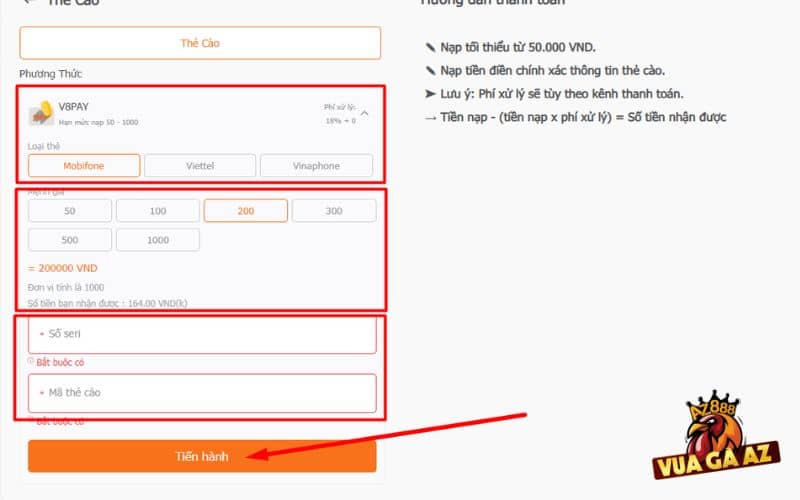 Chọn loại thẻ cào và mệnh giá tương ứng Chọn loại thẻ cào và mệnh giá tương ứng
