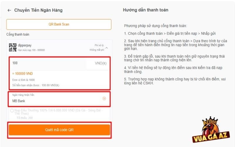 Điền số tiền cần nạp và chọn ngân hàng Điền số tiền cần nạp và chọn ngân hàng