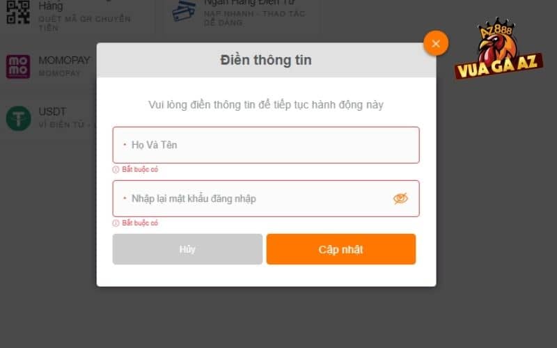 Điền thông tin ngân hàng để thực hiện nạp tiền Vua Gà AZ Điền thông tin ngân hàng để thực hiện nạp tiền Vua Gà AZ